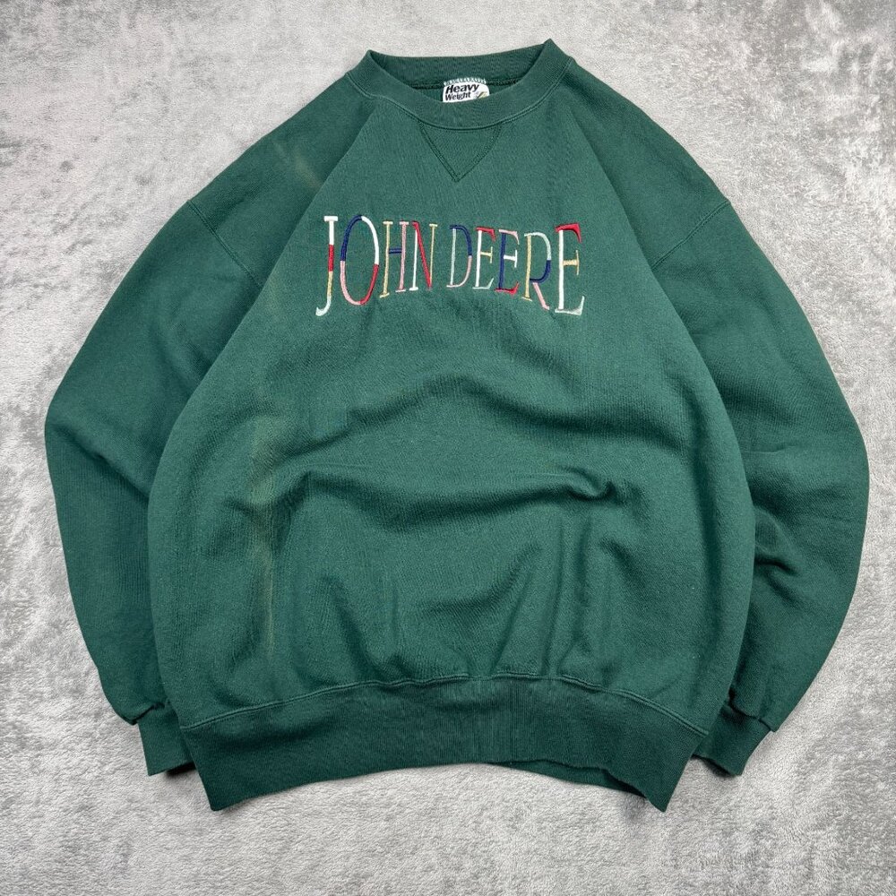 Vintage John Deere Embroidered Crewneck Sweatshirt Y2K Green Heavyweight USA XL